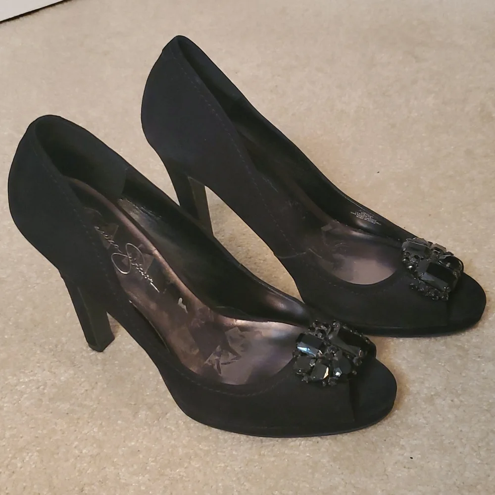 Jessica Simpson black peep toe black heels with bling. Size 9
